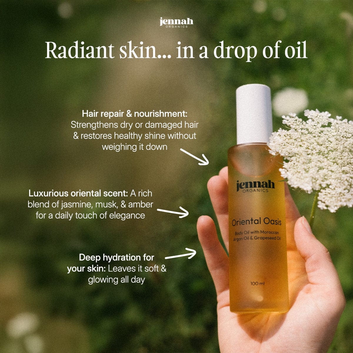 Oriental Oasis - Aceite de Lujo para Piel & Cabello con Aceite de Argán y Aceite de Semilla de Uva 